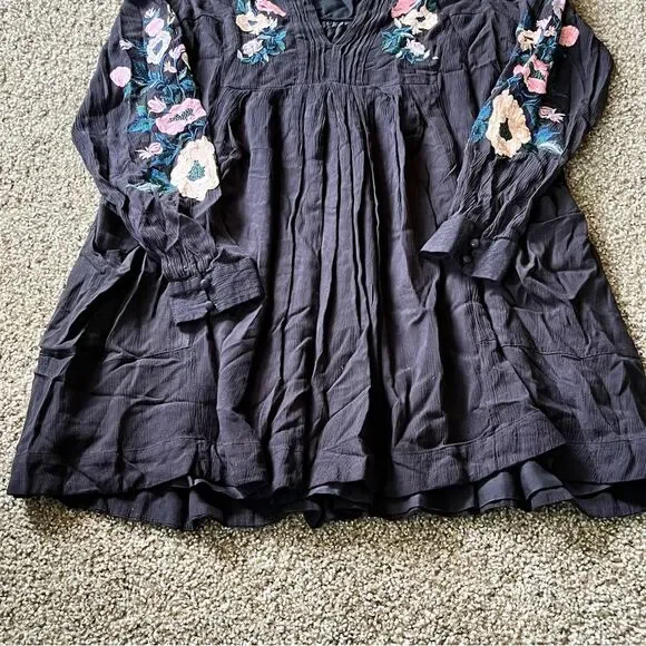 Woman’s Free People Black Smocked Mini Dress with Bishop Sleeves - Picture 3 of 10